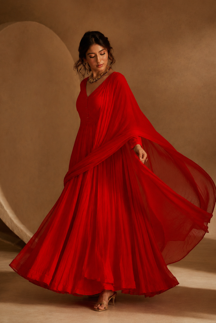 Red Embroided Anarkali Kurta with Dupatta