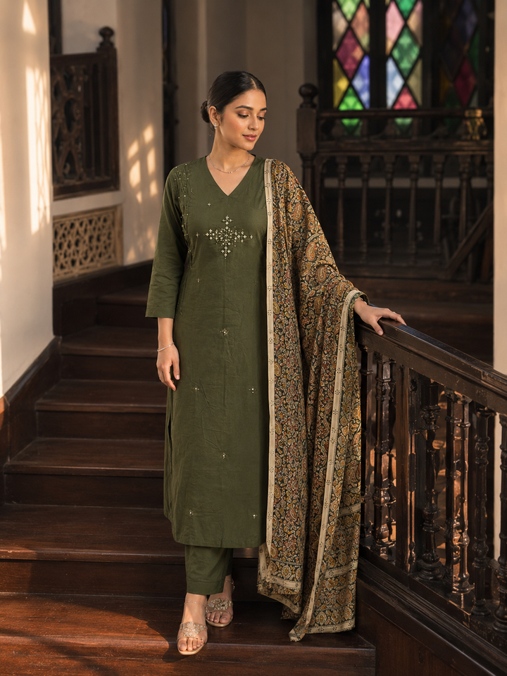 Olive Grace Cotton Kurta Set with Printed Dupatta