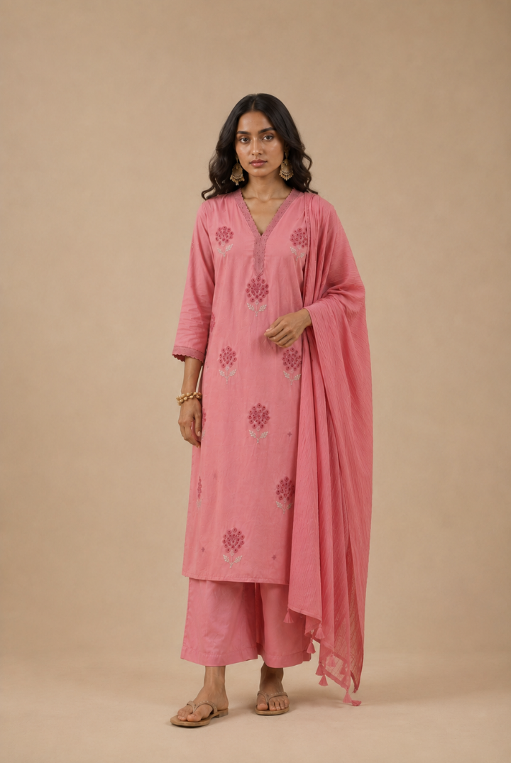 Rose Pink Floral Butta Embroidered Cotton Kurta Set with Dupatta