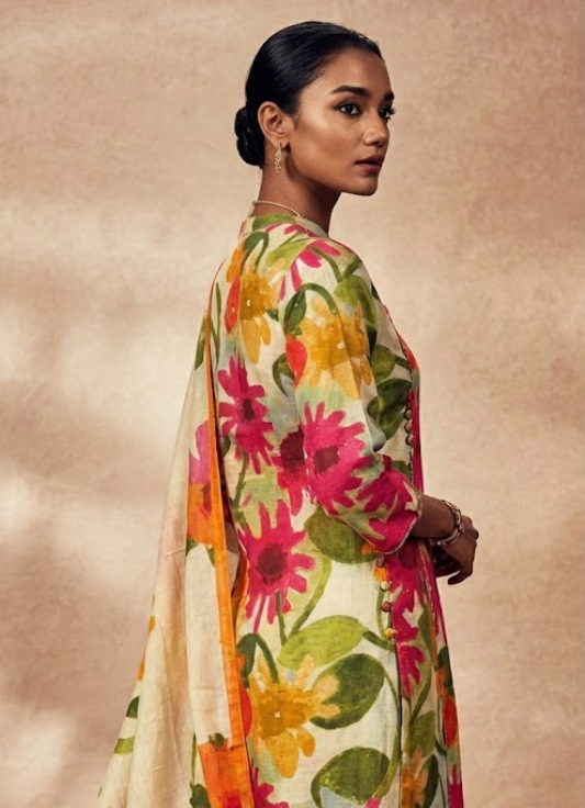 Ivory Floral Printed Cotton Kurta Set with Dupatta