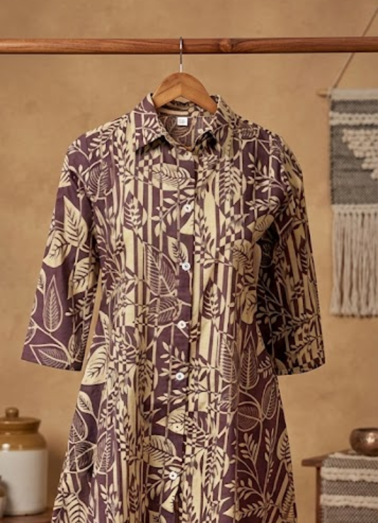 Brown Botanical Printed Cotton Kurta