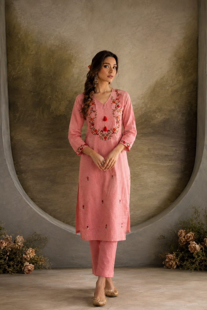 Pink Floral Embroidered Yoke Cotton Kurta Set with Pants