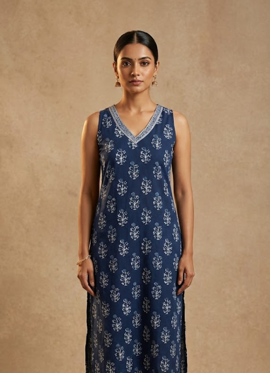 Navy Blue Sleeveless Printed Cotton Kurta