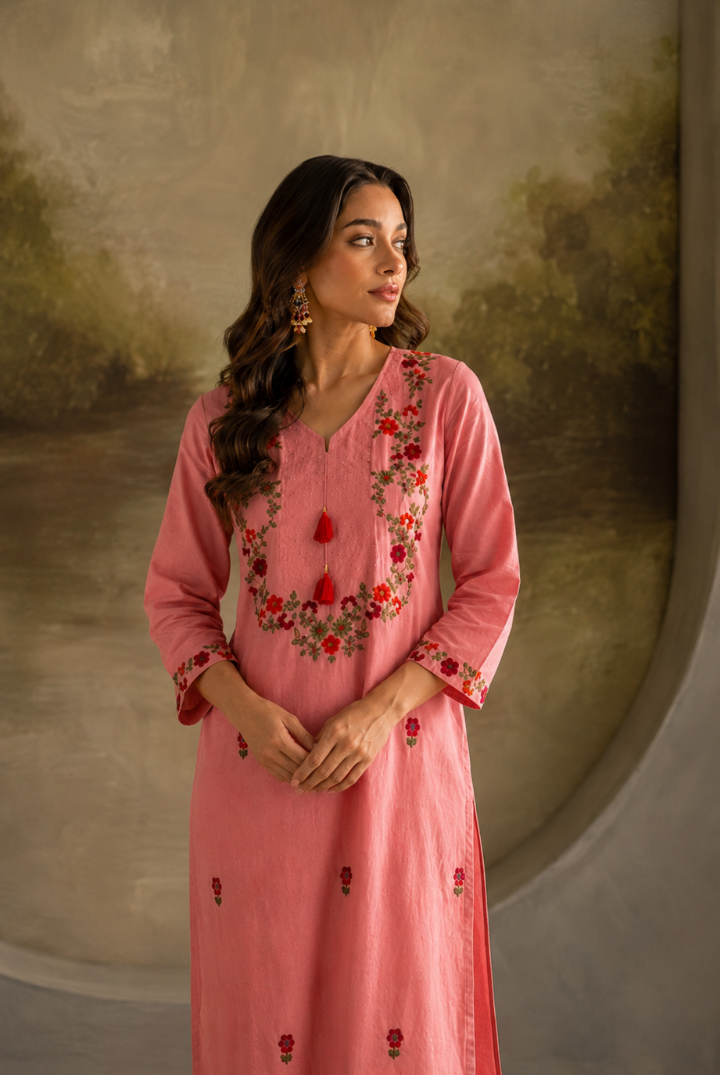 Pink Floral Embroidered Yoke Cotton Kurta Set with Pants