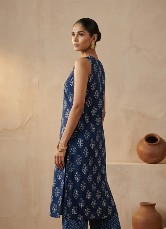 Navy Blue Sleeveless Printed Cotton Kurta