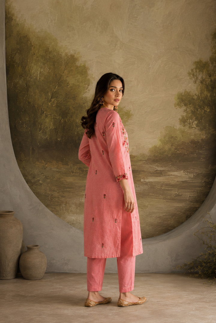 Pink Floral Embroidered Yoke Cotton Kurta Set with Pants