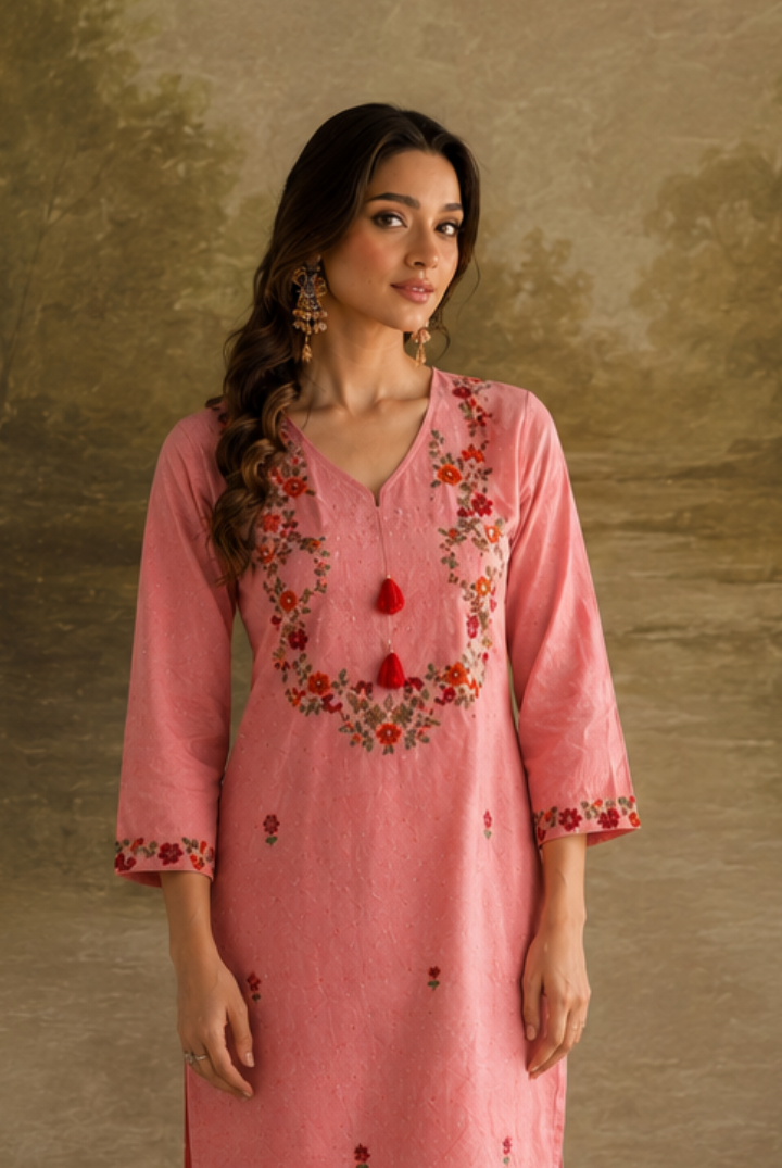 Pink Floral Embroidered Yoke Cotton Kurta Set with Pants