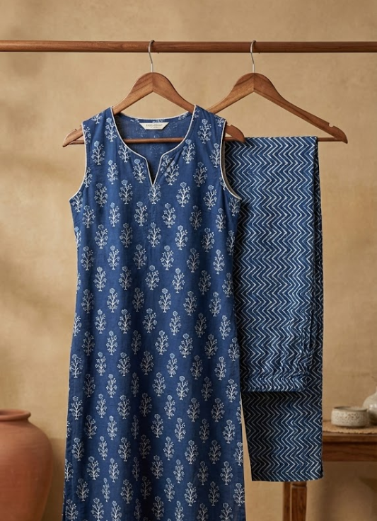 Navy Blue Sleeveless Printed Cotton Kurta