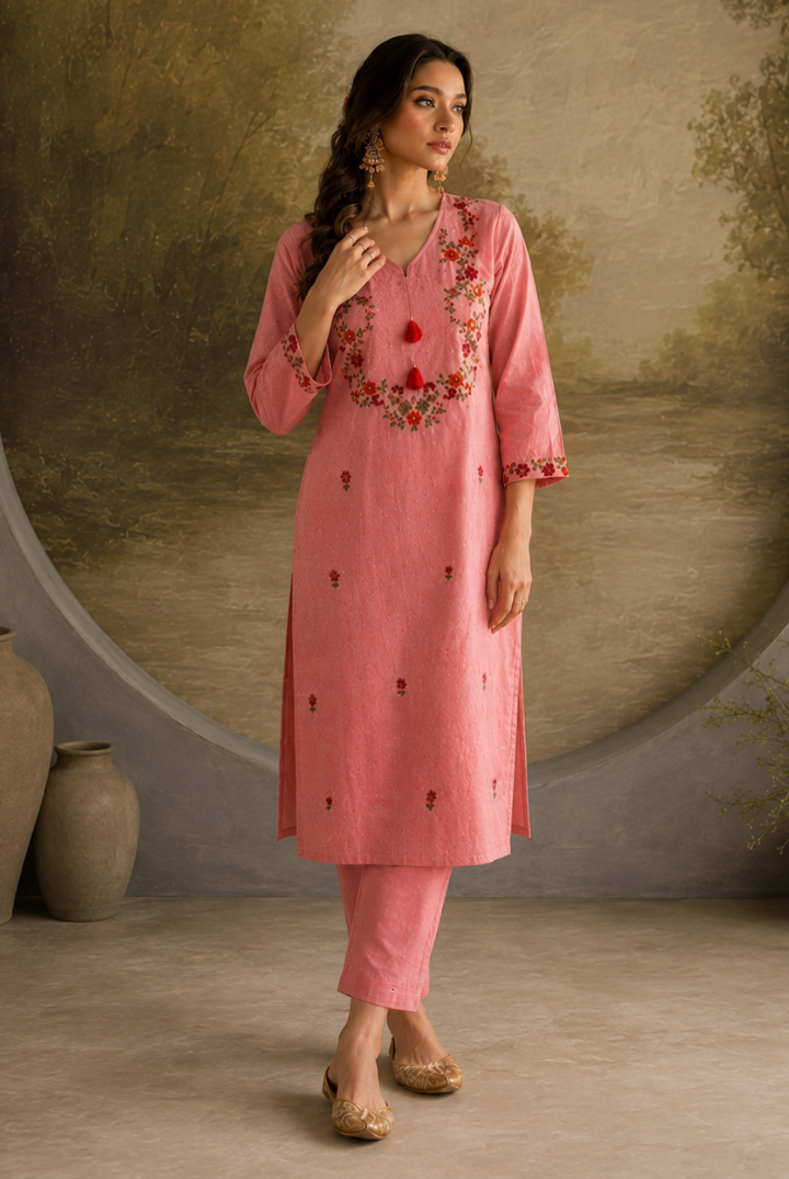 Pink Floral Embroidered Yoke Cotton Kurta Set with Pants