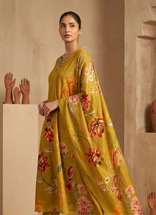Mustard Yellow Floral Printed Cotton Kurta Set with Dupatta