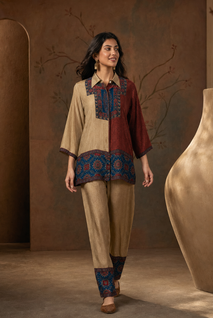Beige & Maroon Ajrakh Printed Cotton Co-Ord Set