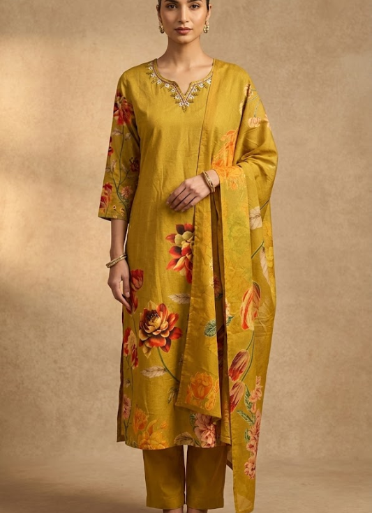 Mustard Yellow Floral Printed Cotton Kurta Set with Dupatta