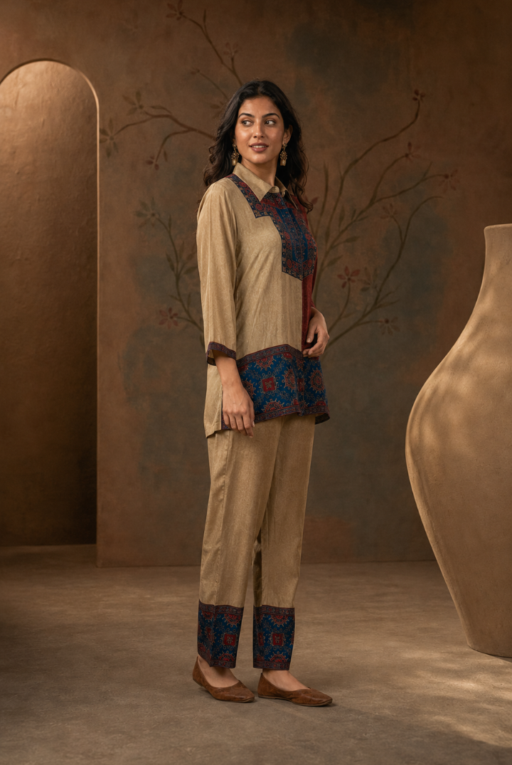 Beige & Maroon Ajrakh Printed Cotton Co-Ord Set