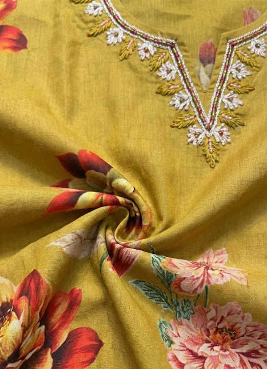 Mustard Yellow Floral Printed Cotton Kurta Set with Dupatta