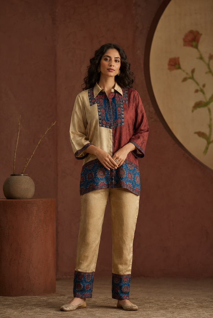 Beige & Maroon Ajrakh Printed Cotton Co-Ord Set