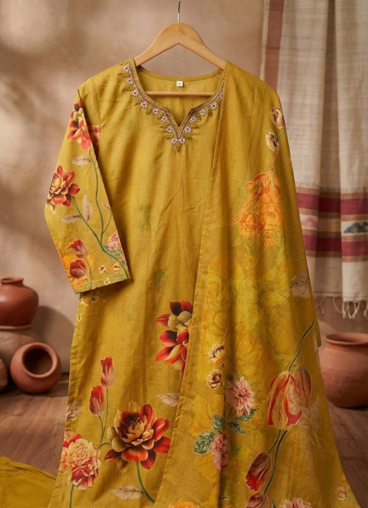 Mustard Yellow Floral Printed Cotton Kurta Set with Dupatta