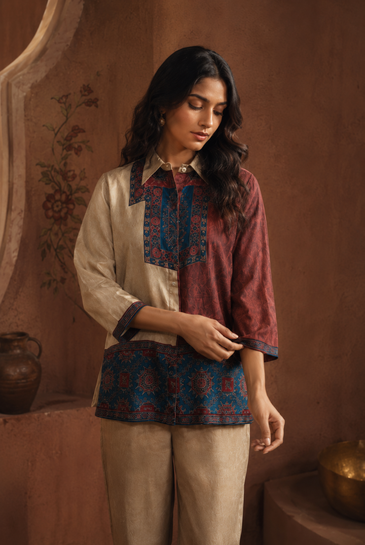 Beige & Maroon Ajrakh Printed Cotton Co-Ord Set