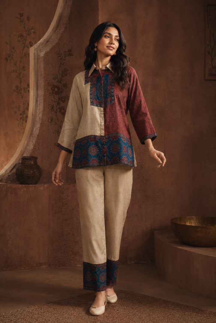 Beige & Maroon Ajrakh Printed Cotton Co-Ord Set