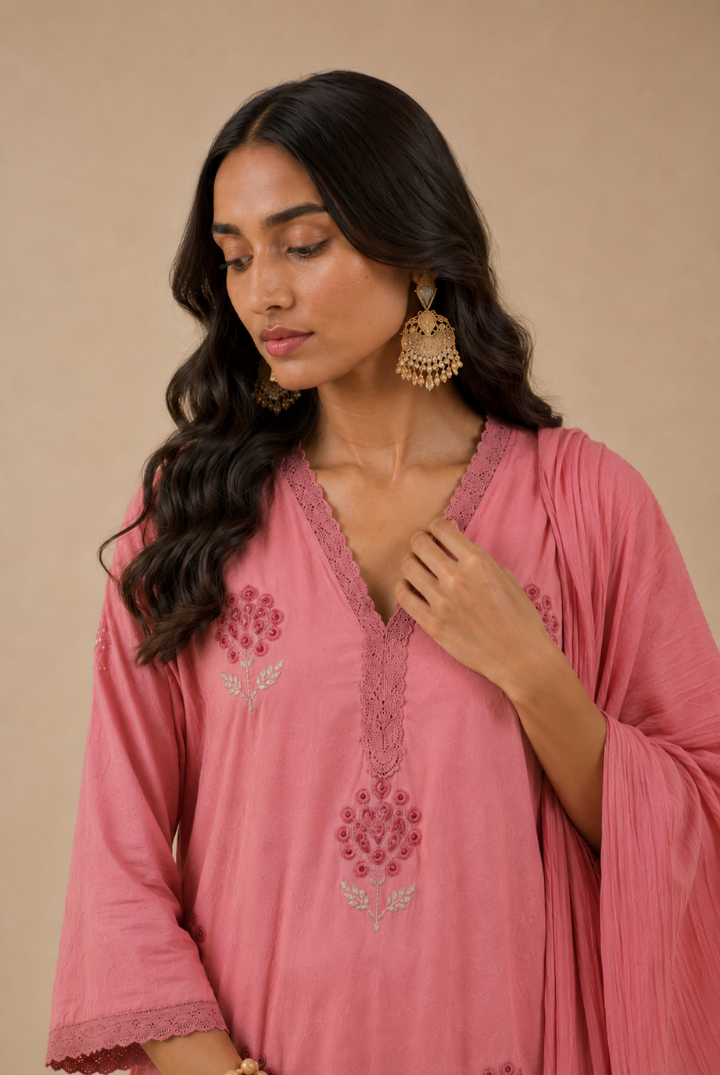 Rose Pink Floral Butta Embroidered Cotton Kurta Set with Dupatta