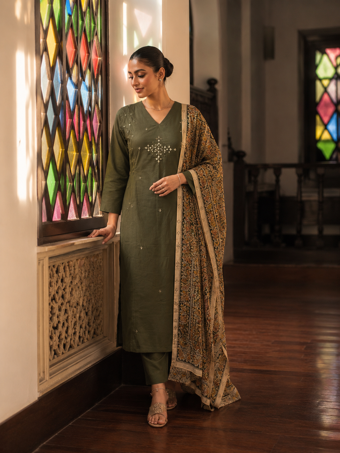 Olive Grace Cotton Kurta Set with Printed Dupatta