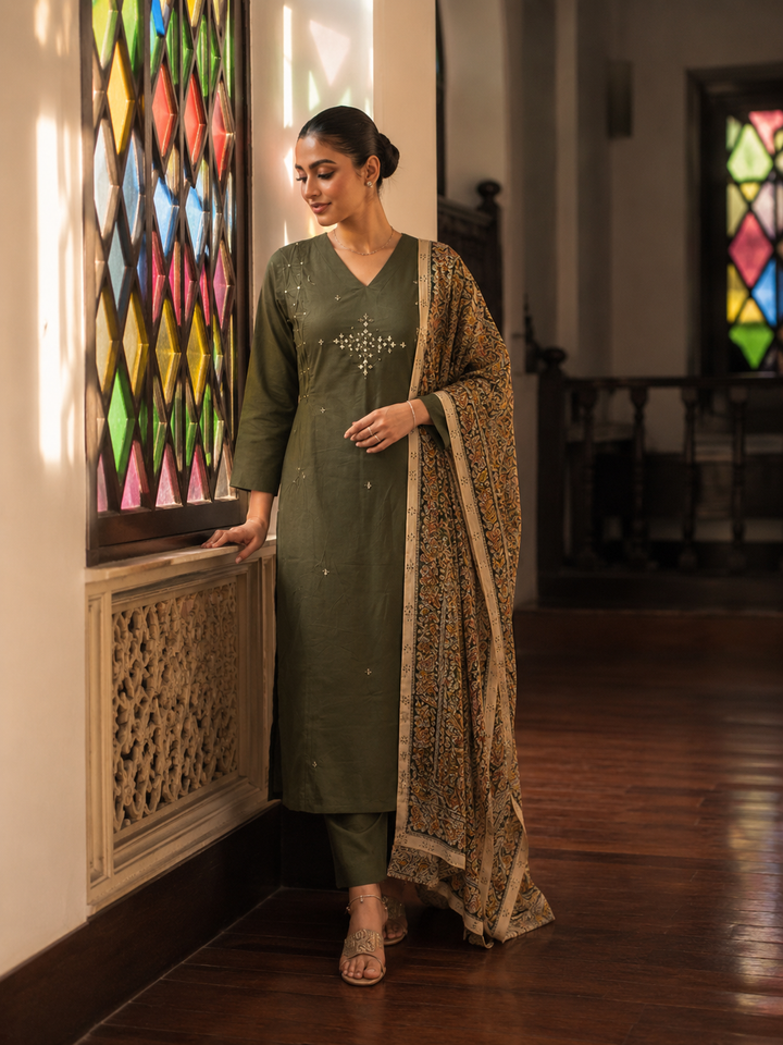 Olive Grace Cotton Kurta Set with Printed Dupatta