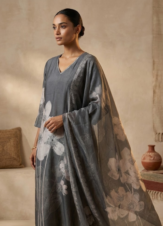 Grey Floral Printed Cotton Kurta Set with Dupatta