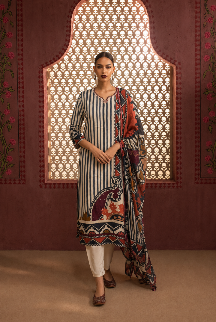 Grey Striped Paisley Printed Kurta Set with Dupatta