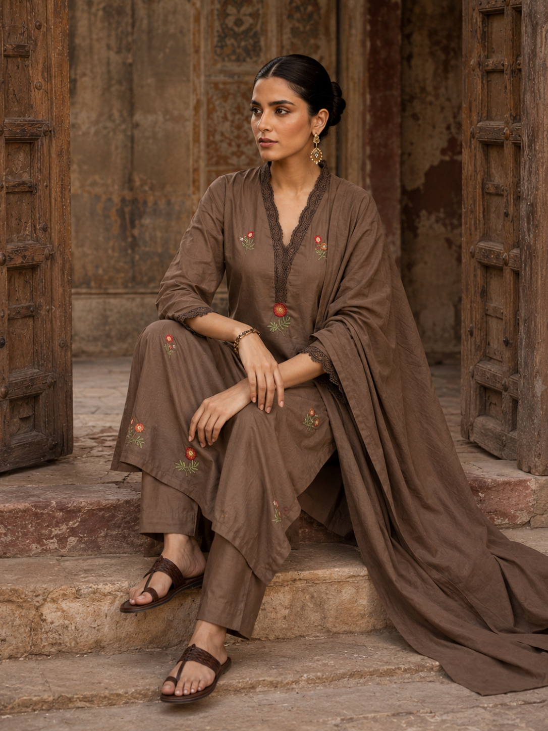 Cocoa Bloom Embroidered Kurta Set