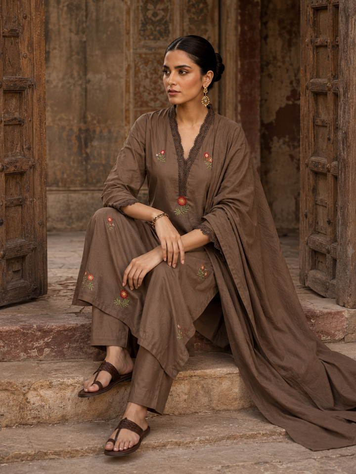 Cocoa Bloom Embroidered Kurta Set