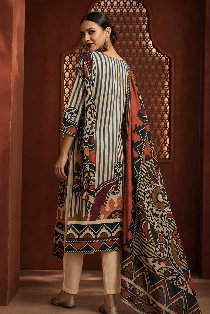 Grey Striped Paisley Printed Kurta Set with Dupatta