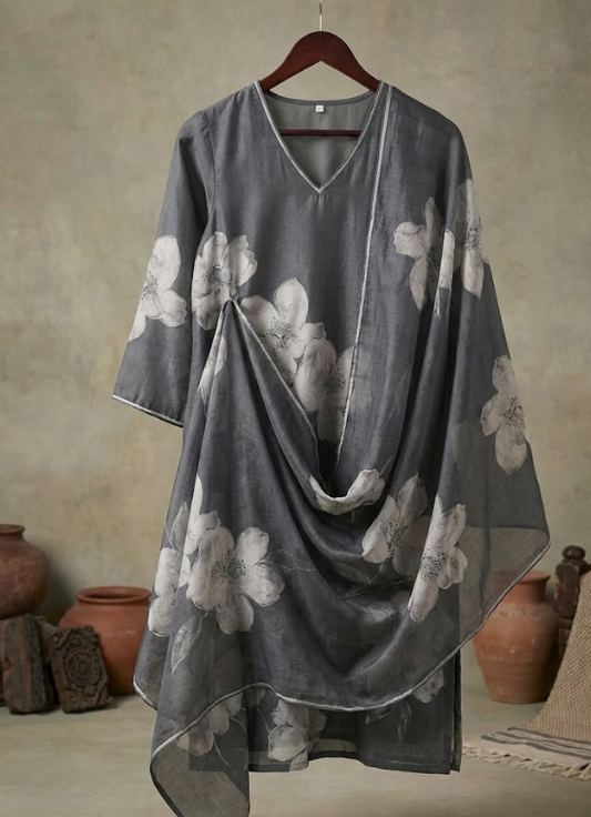 Grey Floral Printed Cotton Kurta Set with Dupatta