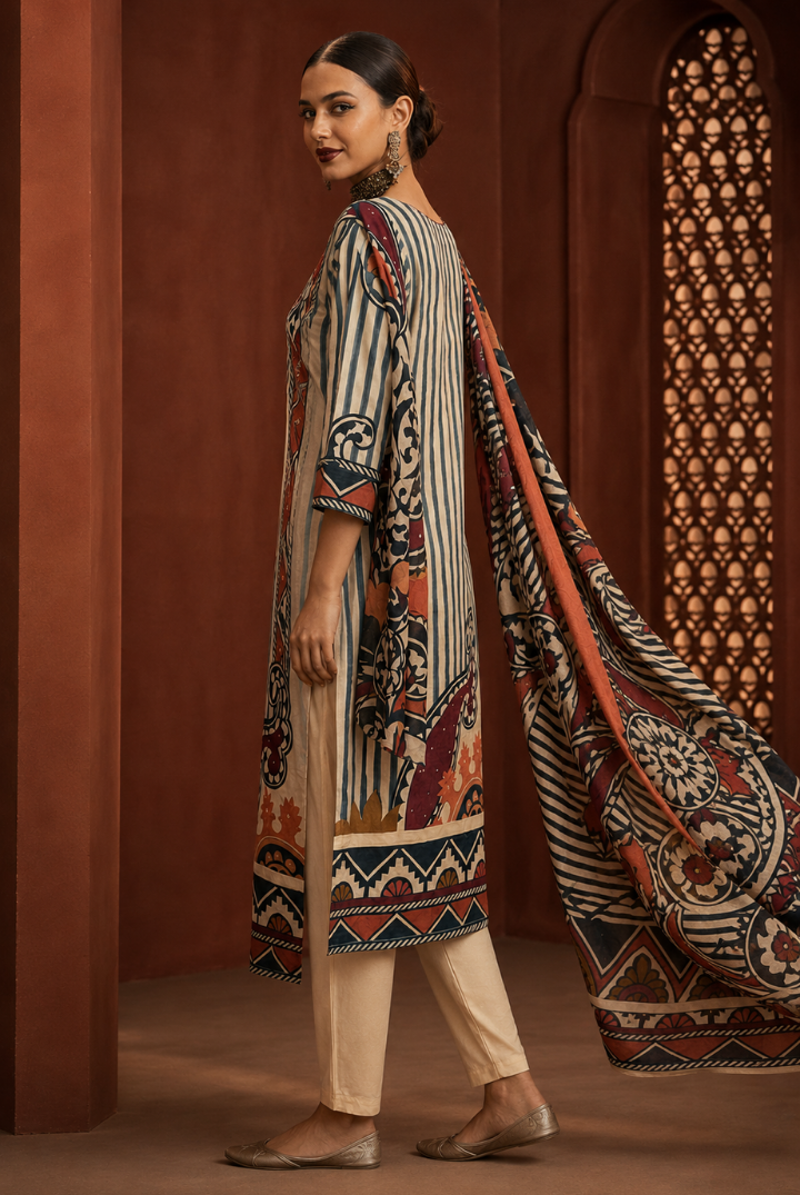 Grey Striped Paisley Printed Kurta Set with Dupatta