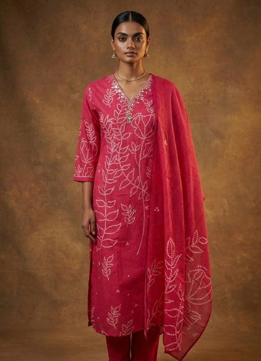 Deep Pink Embroidered Cotton Kurta Set with Dupatta