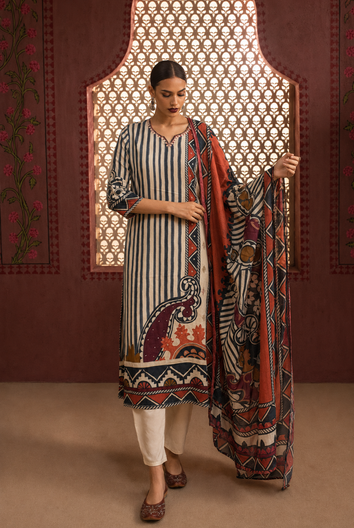 Grey Striped Paisley Printed Kurta Set with Dupatta