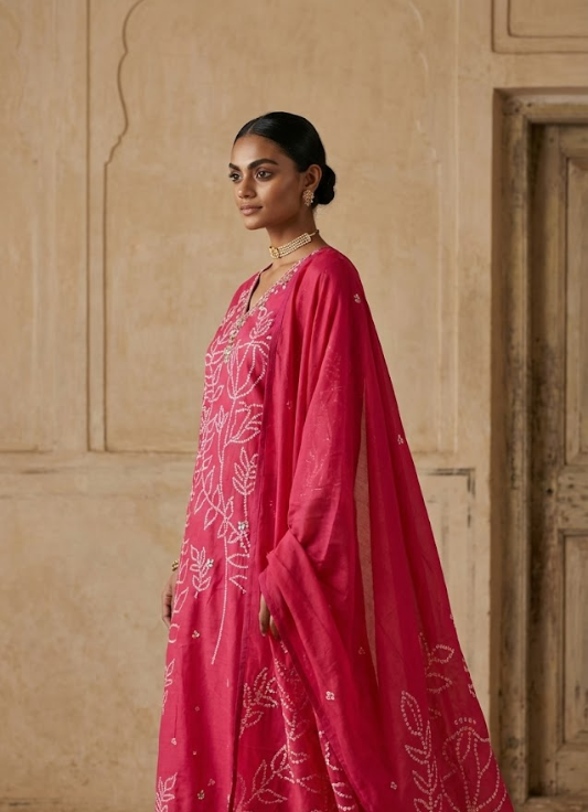 Deep Pink Embroidered Cotton Kurta Set with Dupatta