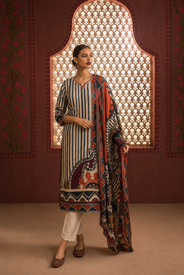 Grey Striped Paisley Printed Kurta Set with Dupatta