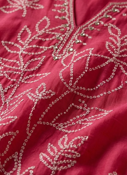 Deep Pink Embroidered Cotton Kurta Set with Dupatta