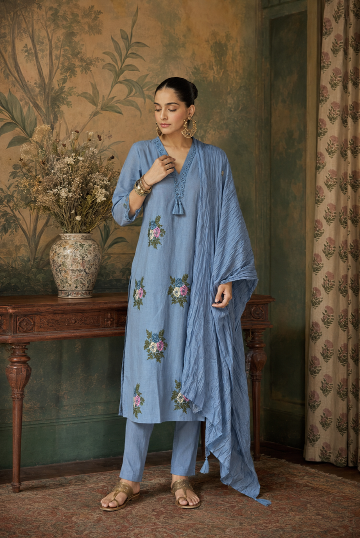 Dusty Blue Floral Embroidered Kurta Set with Dupatta