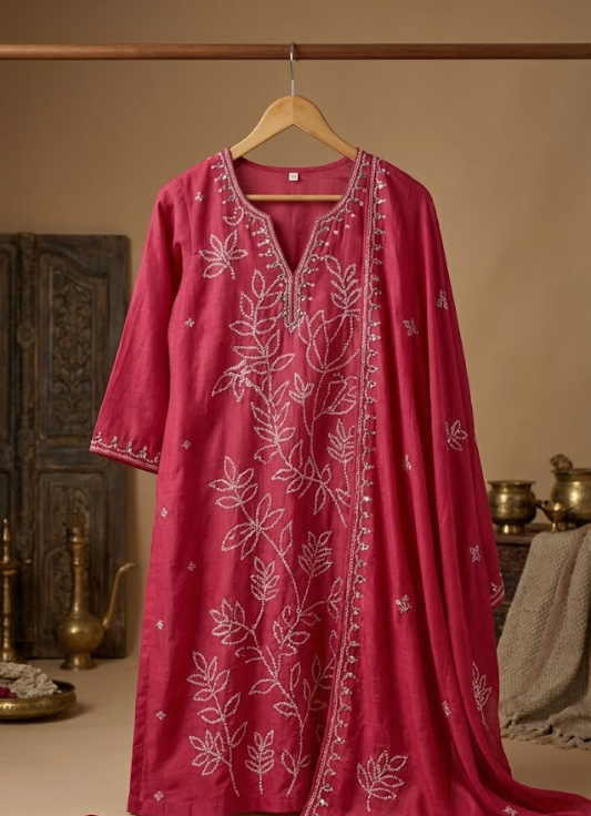 Deep Pink Embroidered Cotton Kurta Set with Dupatta
