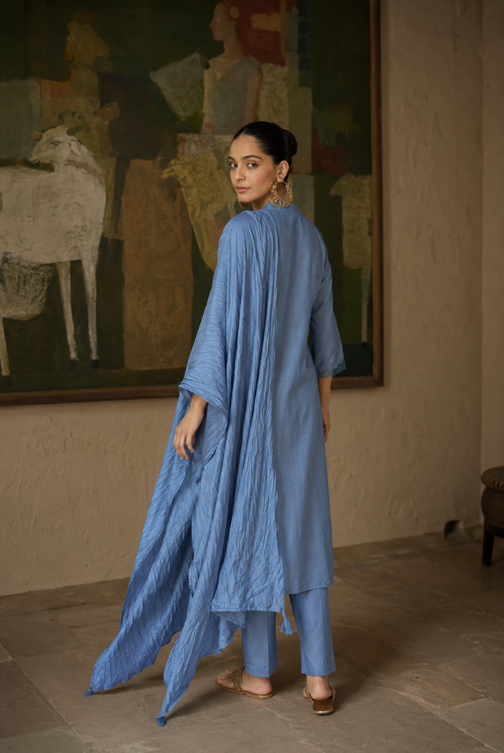 Dusty Blue Floral Embroidered Kurta Set with Dupatta