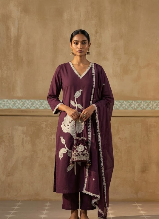 Wine Embroidered Cotton Kurta Set with Dupatta