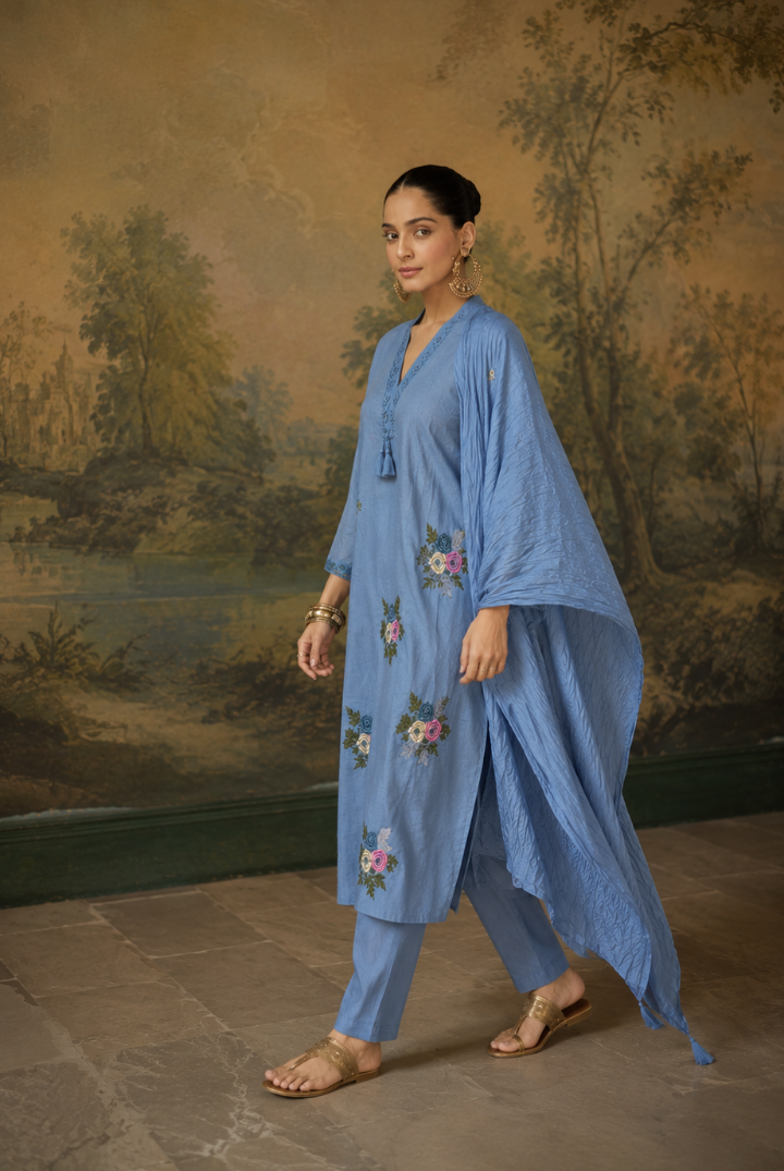 Dusty Blue Floral Embroidered Kurta Set with Dupatta