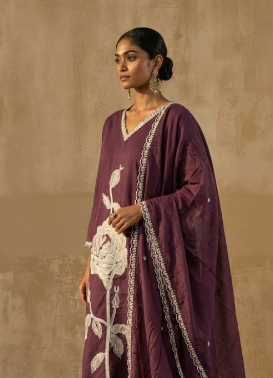 Wine Embroidered Cotton Kurta Set with Dupatta