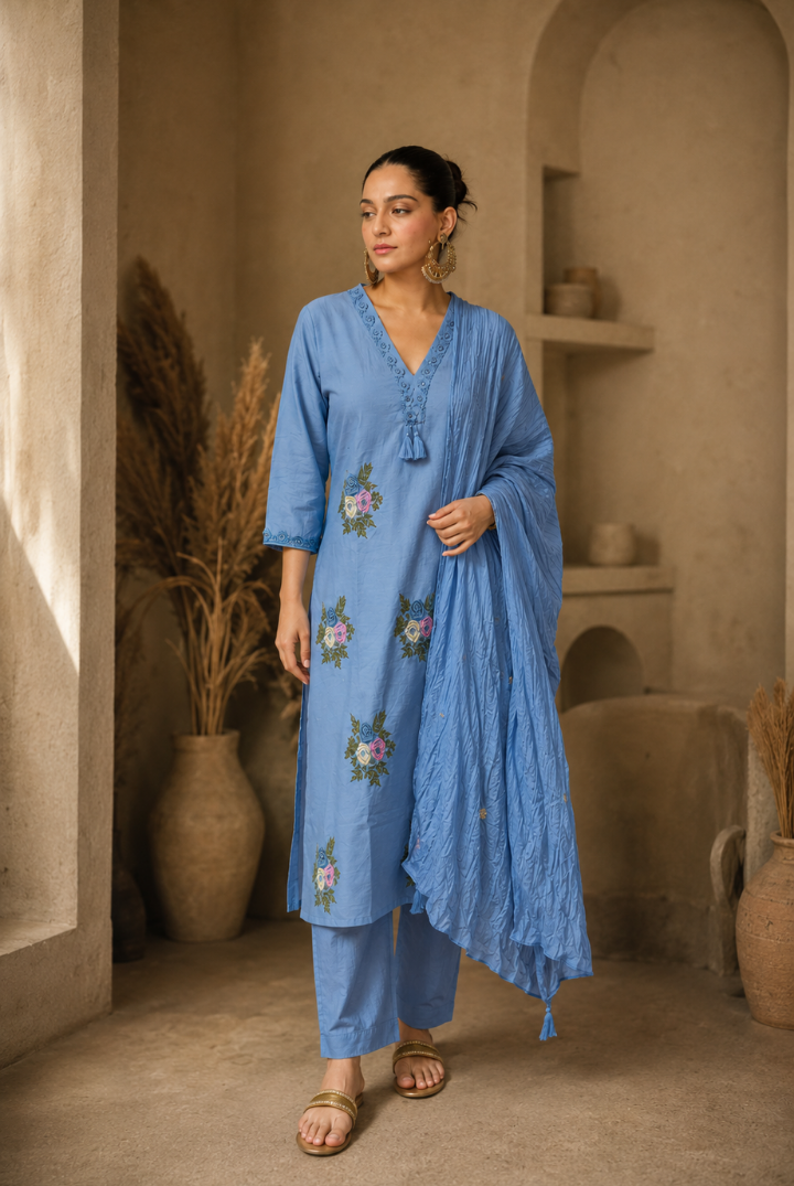 Dusty Blue Floral Embroidered Kurta Set with Dupatta