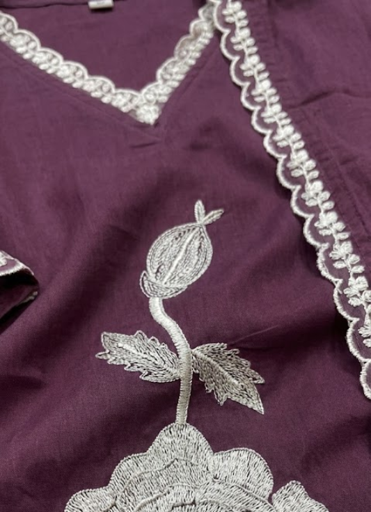 Wine Embroidered Cotton Kurta Set with Dupatta