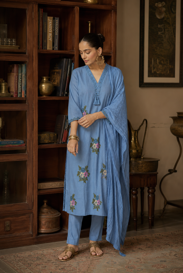 Dusty Blue Floral Embroidered Kurta Set with Dupatta