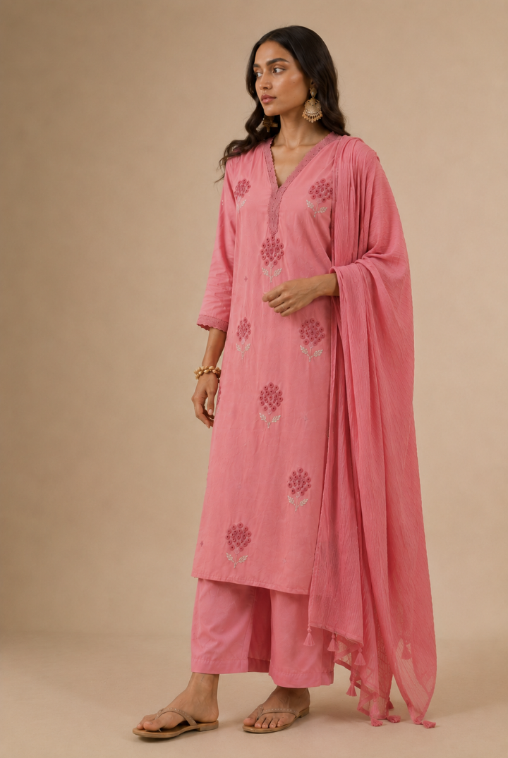 Rose Pink Floral Butta Embroidered Cotton Kurta Set with Dupatta