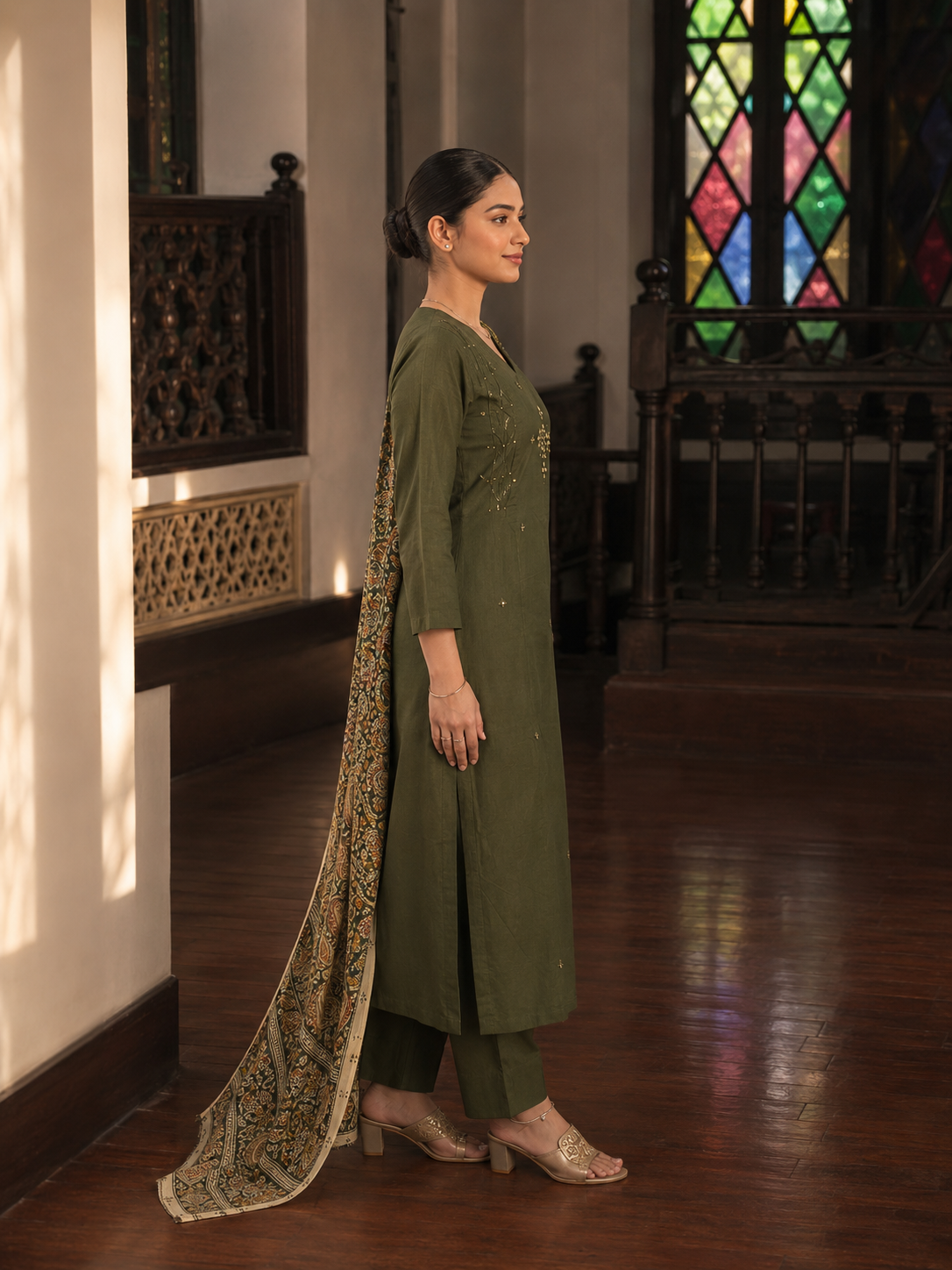 Olive Grace Cotton Kurta Set with Printed Dupatta