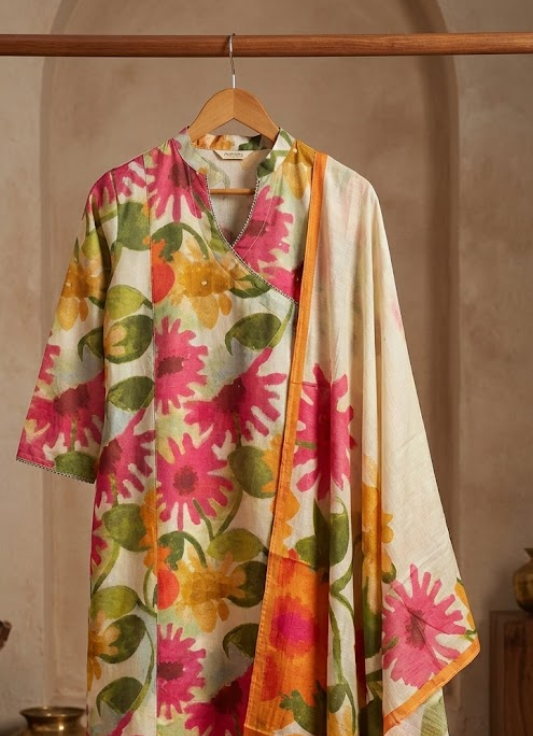 Ivory Floral Printed Cotton Kurta Set with Dupatta