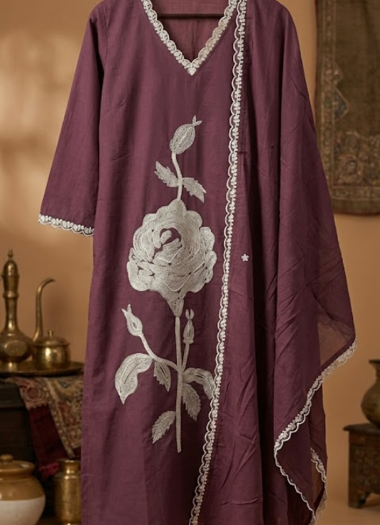 Wine Embroidered Cotton Kurta Set with Dupatta